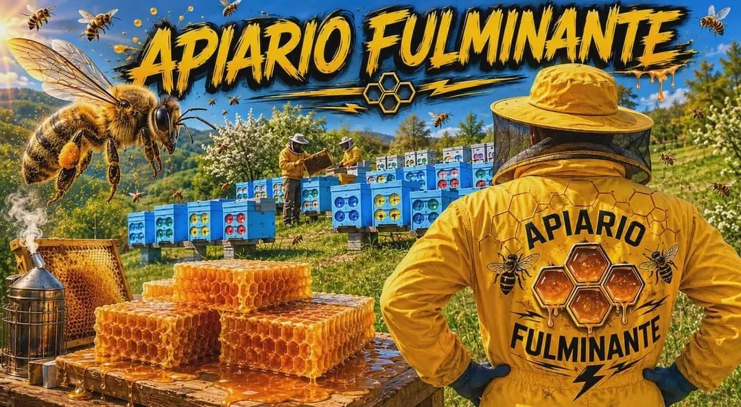 Illustrazione promozionale di Apiario Fulminante con api, arnie e miele